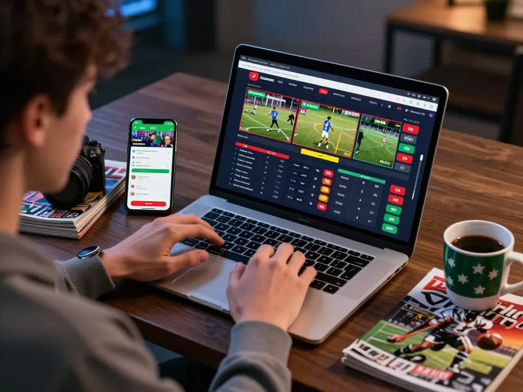 Engaged user navigating the HM88 online betting platform with laptop and smartphone, showcasing an interactive sports betting experience.