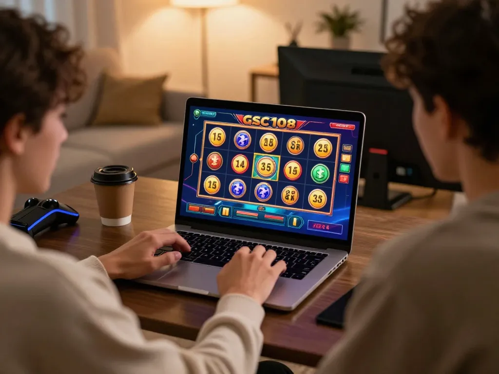 Engaging moment of a user playing Gsc108 slots on a laptop, showcasing vibrant online gaming graphics.