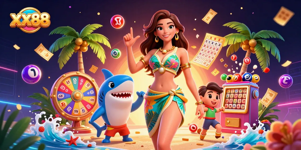 Enjoy thrilling winnings at xx88, featuring exciting lottery elements and vibrant characters in a lively casino scene.