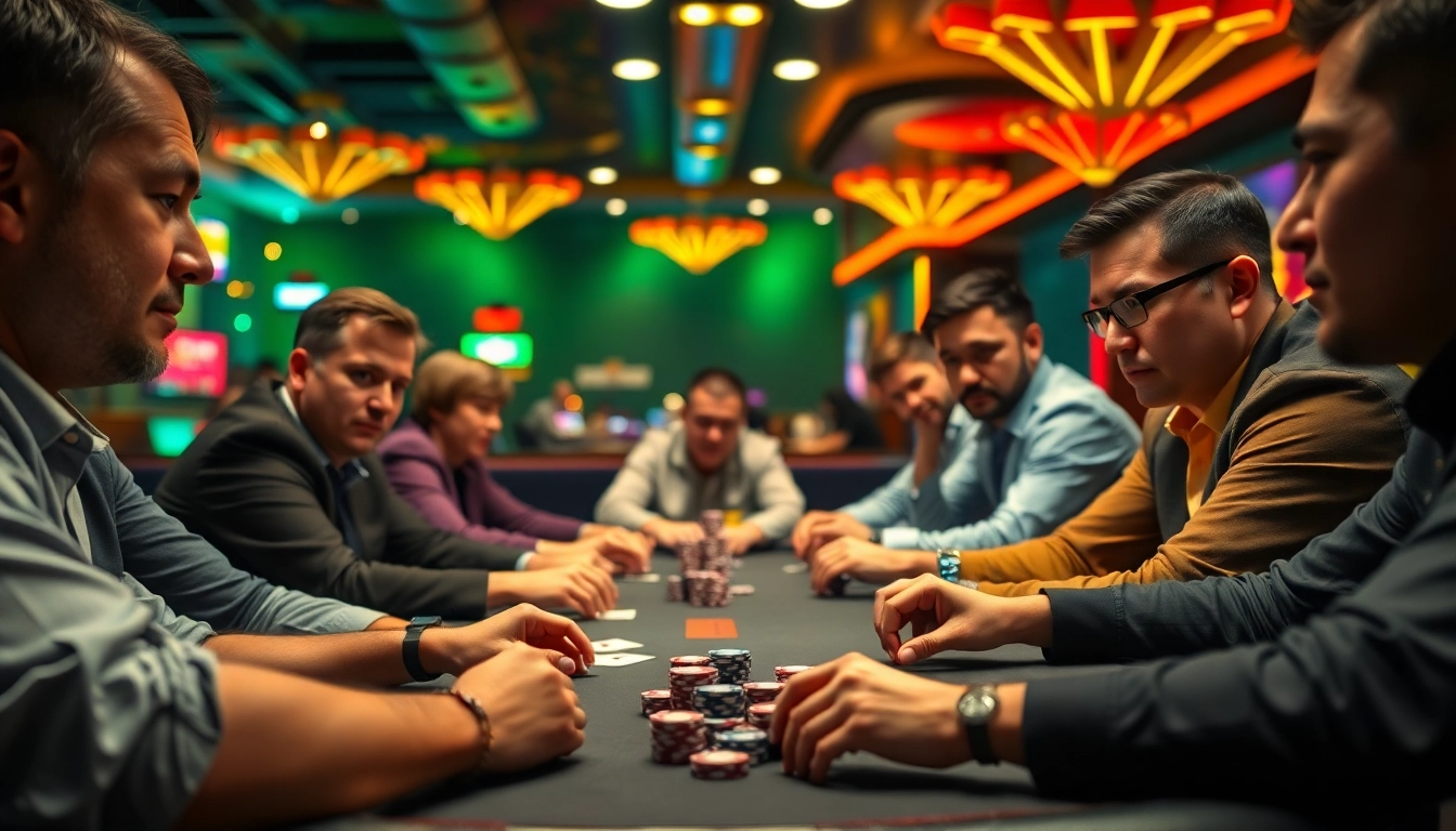 Permainan poker online menegangkan di kasino dengan pemain fokus pada meja.