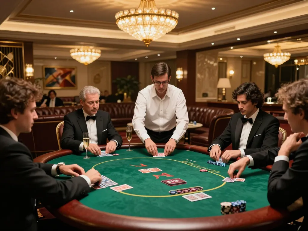 B52 CLUB poker game in an upscale casino showcasing intense gameplay among stylish players.