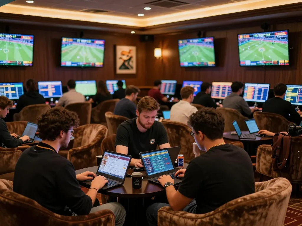 Fans engaged in kèo nhà cái hôm nay sports betting, analyzing live odds in a luxury lounge.