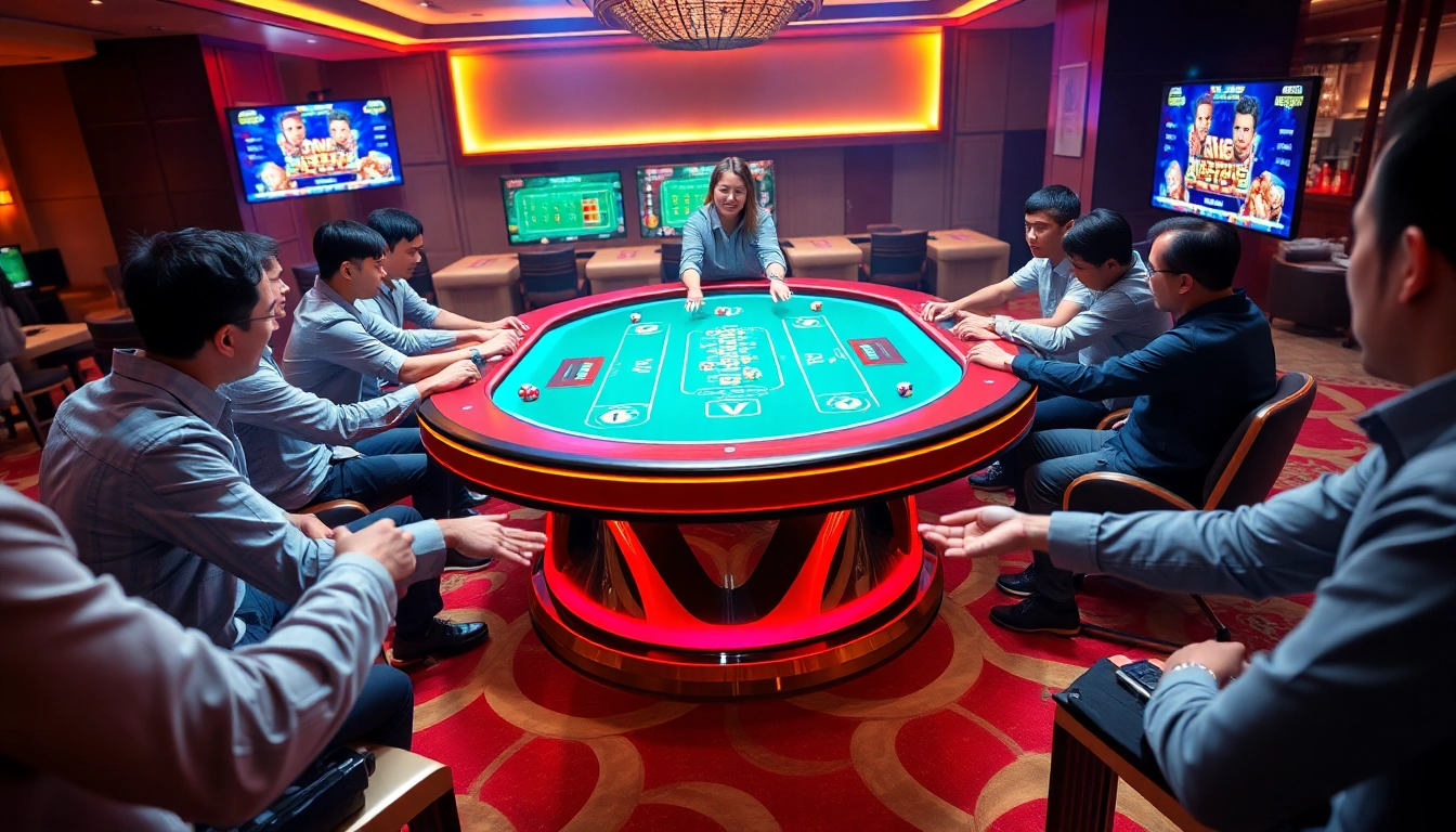 Players engaged in a thrilling TÀI XỈU MD5 game at a luxurious casino table, showcasing the excitement of online gambling.
