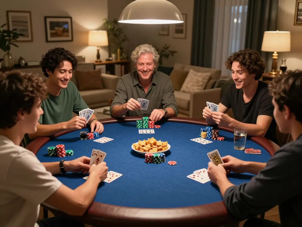 Players strategizing during a poker night in a cozy home setting featuring f8beta2 gaming atmosphere.