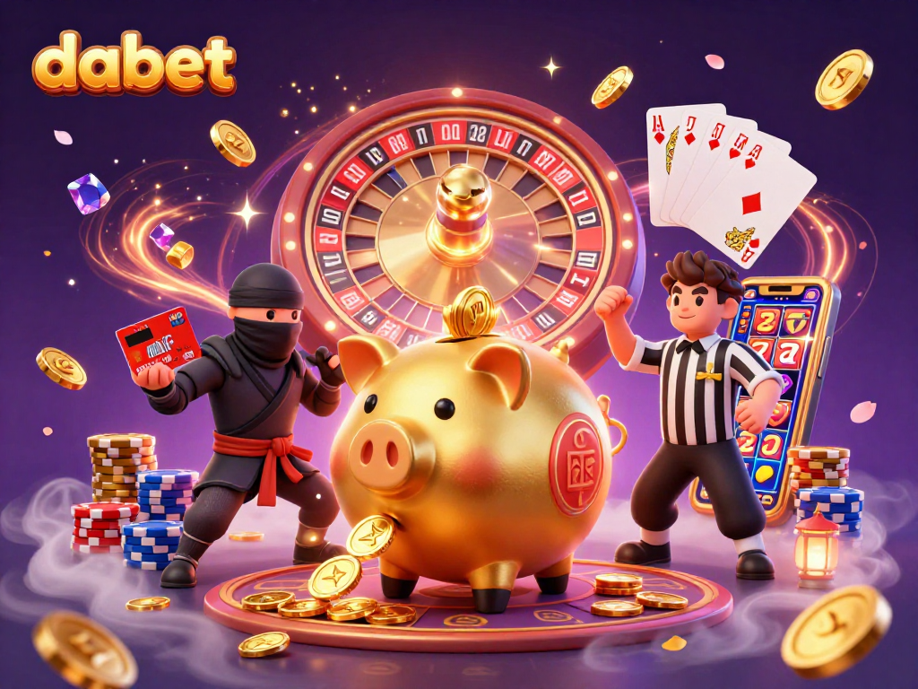 dabet coin-stomp by sumo wrestler, wallet-ninja, and credit-card referee in vibrant casino scene