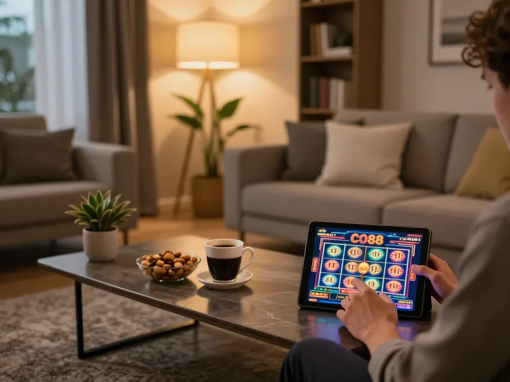 Engaging in CO88 online slots gameplay at home while managing betting strategy effectively.