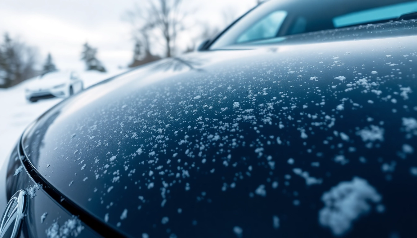 PPF winter road salt protection on a glossy automobile in winter scenery.