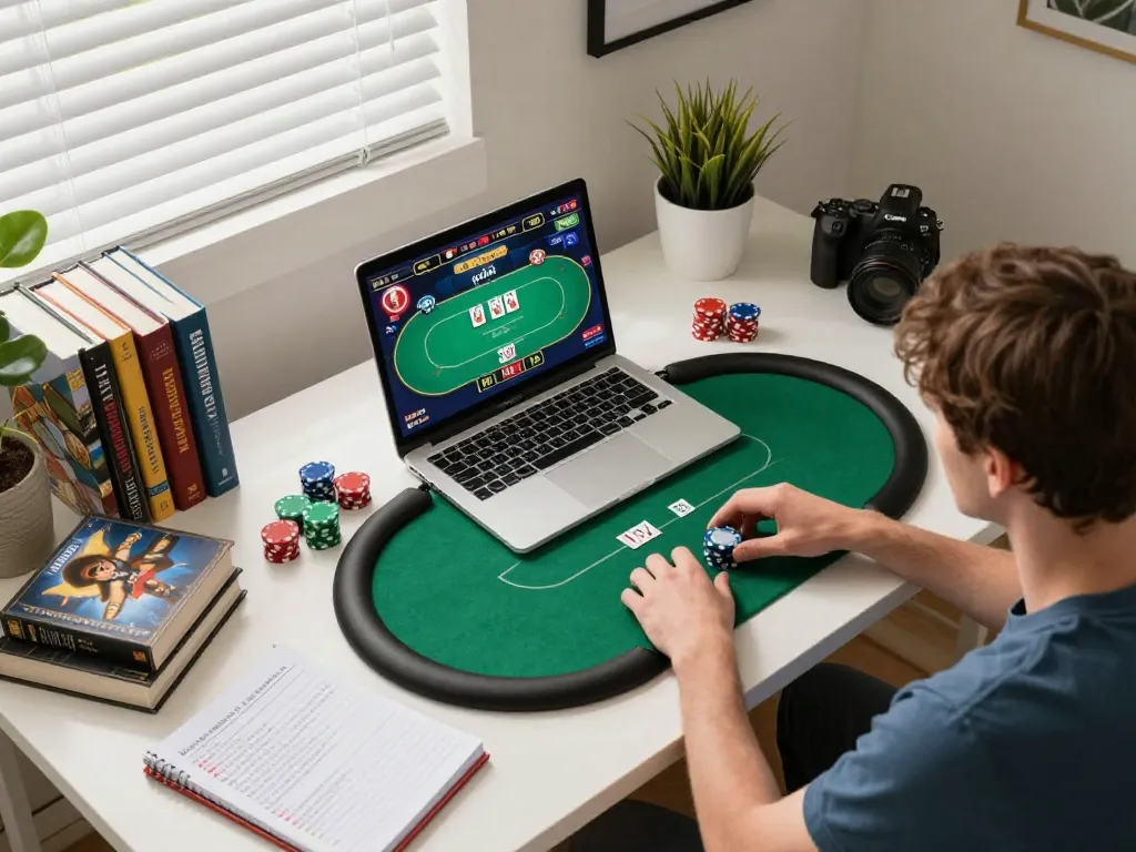 Player focusing on 3win online poker game with strategic notes in a comfy home office.
