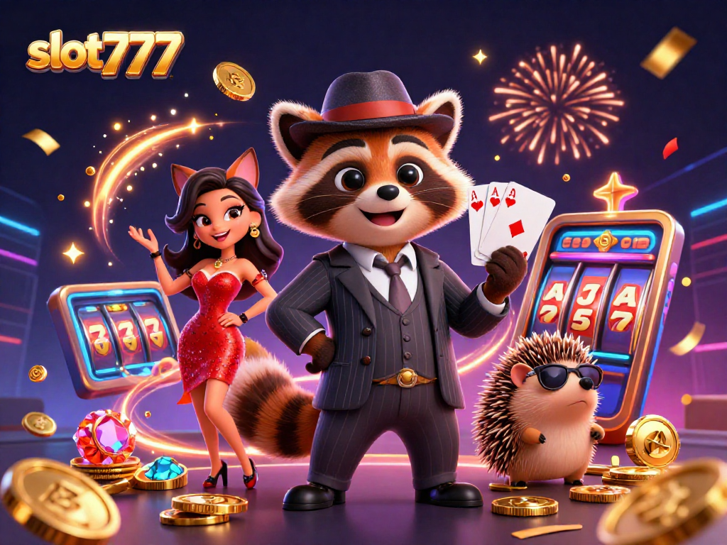 Slot777 menampilkan rakun bergaya dengan kombinasi permainan kasino yang mengesankan dan warna cerah.