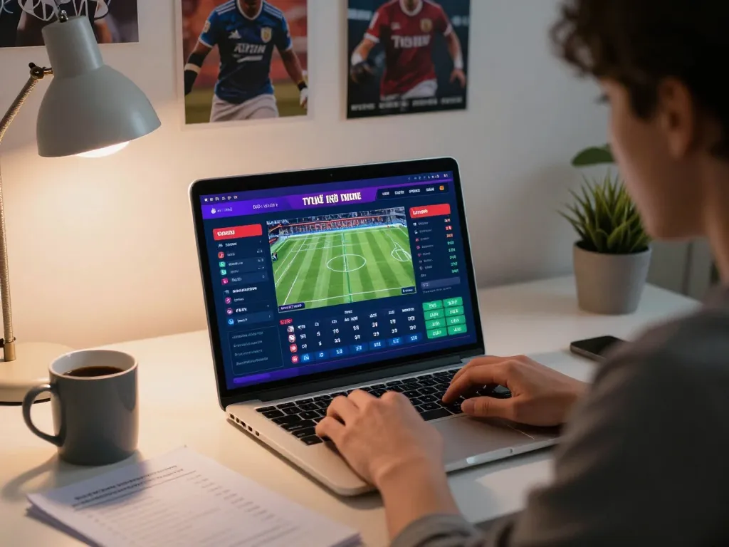 Engaging with tỷ lệ kèo trực tuyến on a laptop at home, showing live sports betting interface and strategic notes.