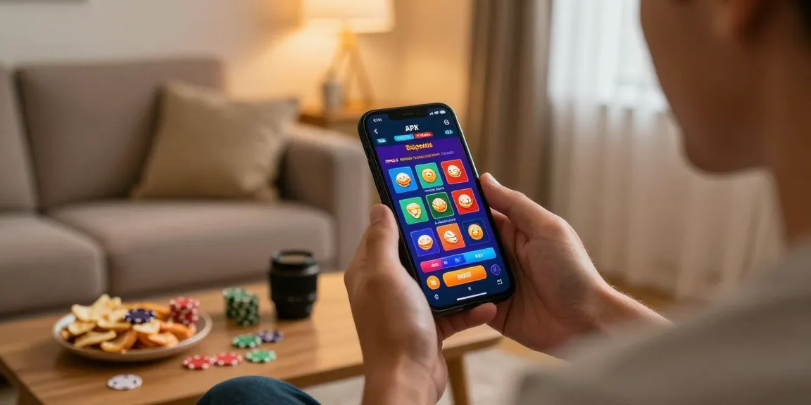 Engaging player enjoying APK Betgames on smartphone in a cozy setting