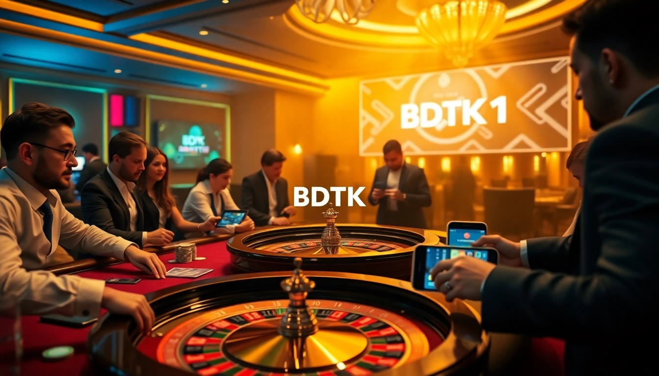 BDTK1 app interface displayed on a luxurious casino table with poker chips and roulette wheel.