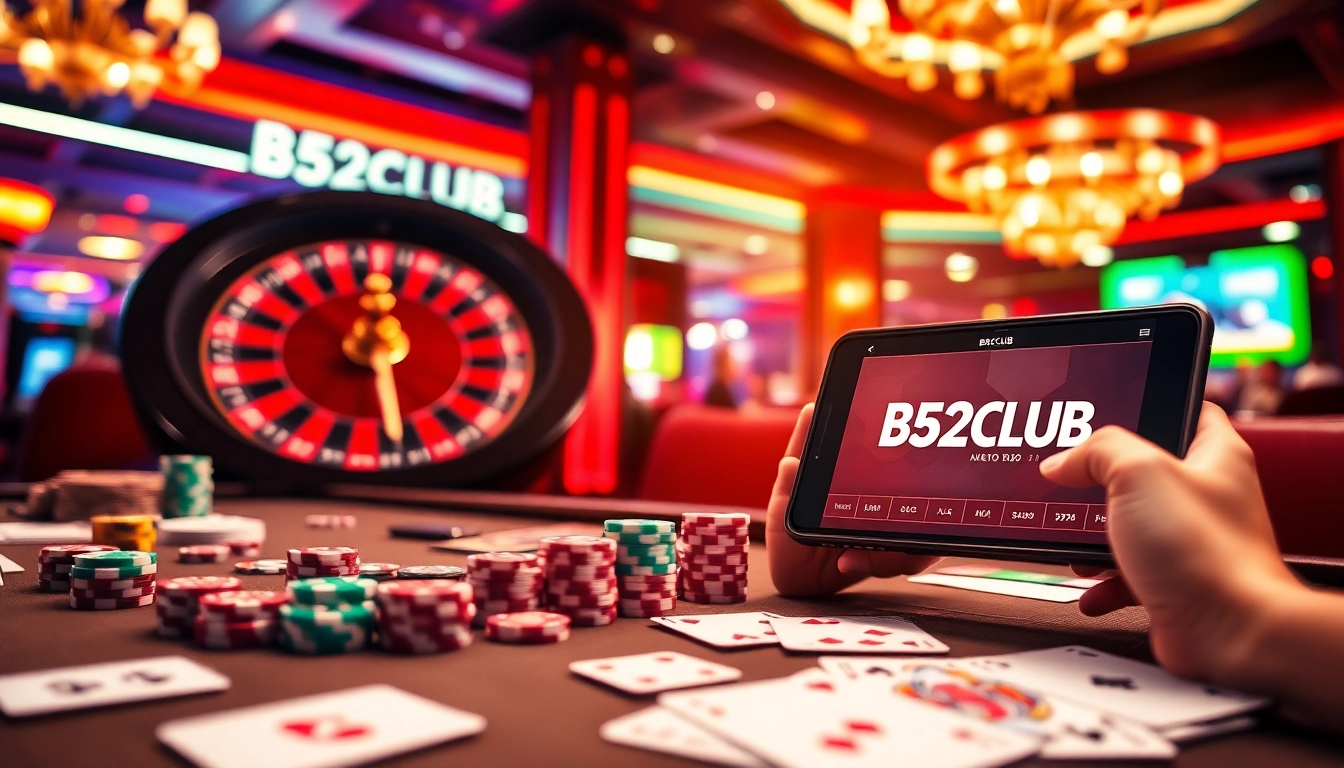 Gamblers enjoying vibrant gameplay at B52CLUB with poker chips and a roulette wheel.