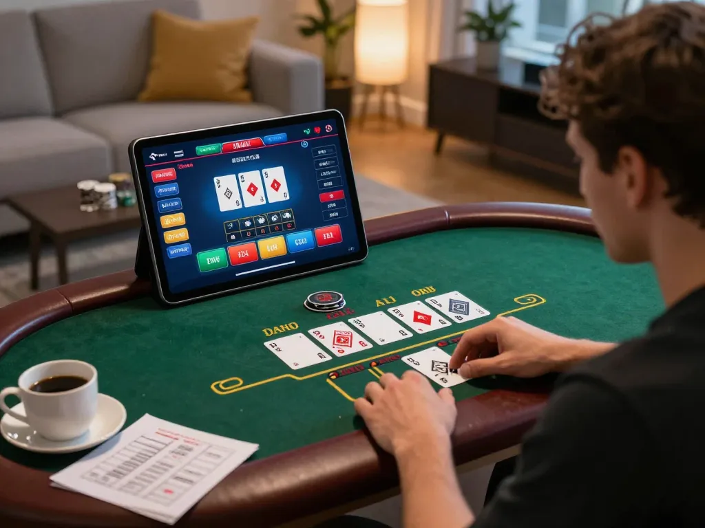 Engaging in RTP Live blackjack gameplay on a tablet in a cozy home setting