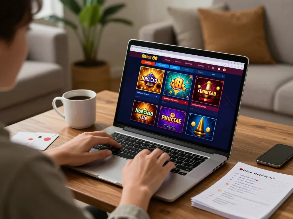 Engaging in online gaming at Nhà Cái O8, showcasing a dynamic home gambling setup with laptop and strategy notes.