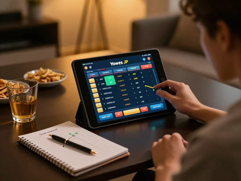 Engaging player using Yowes JP app on tablet while analyzing betting strategies in a cozy home setting.