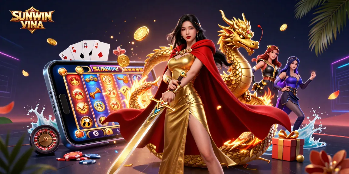 Spin and win with SUNWIN VINA as the warrior queen amidst vibrant casino elements.