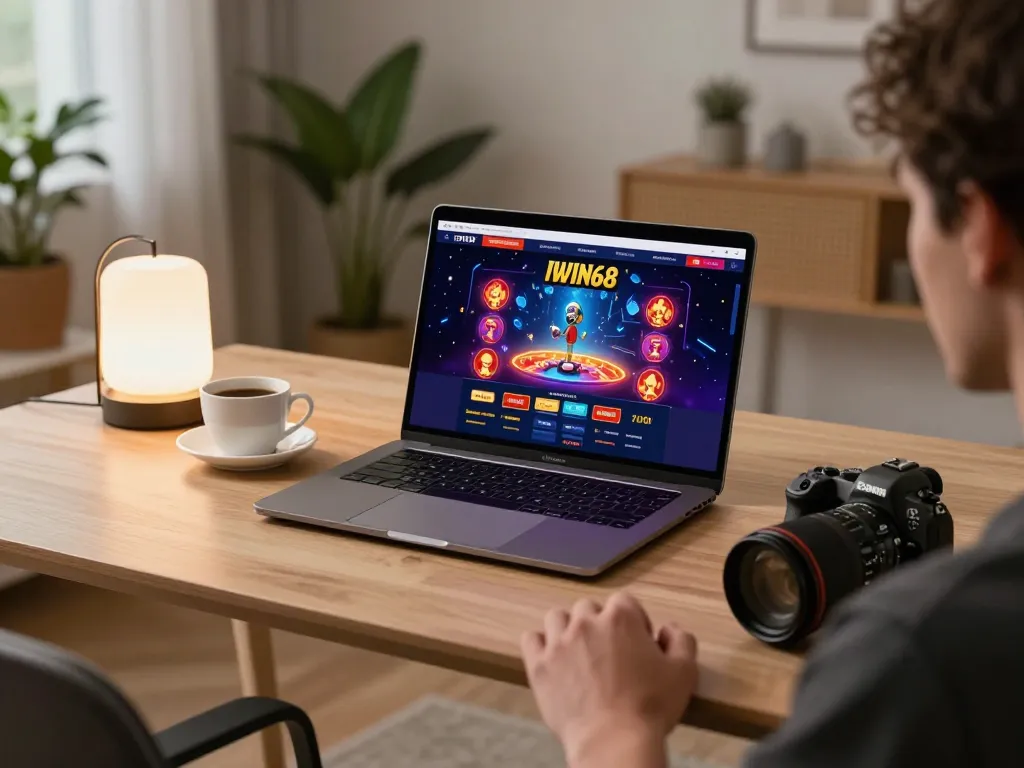 IWIN68 online gaming session on a modern laptop with vibrant graphics, showcasing responsible gambling