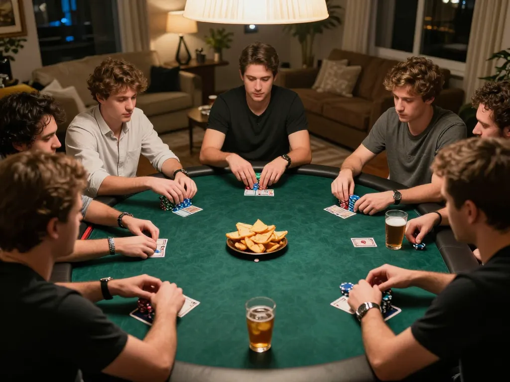 Players engaged in strategic poker gameplay at home, showcasing HM88 competitive spirit and camaraderie.