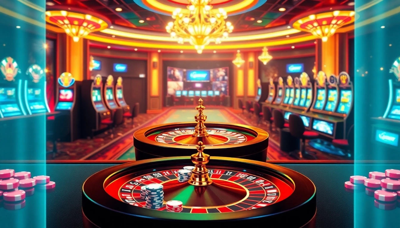 Experience thrilling online gaming at https://kuwinblog.com/ with vibrant casino tables and roulette wheels.