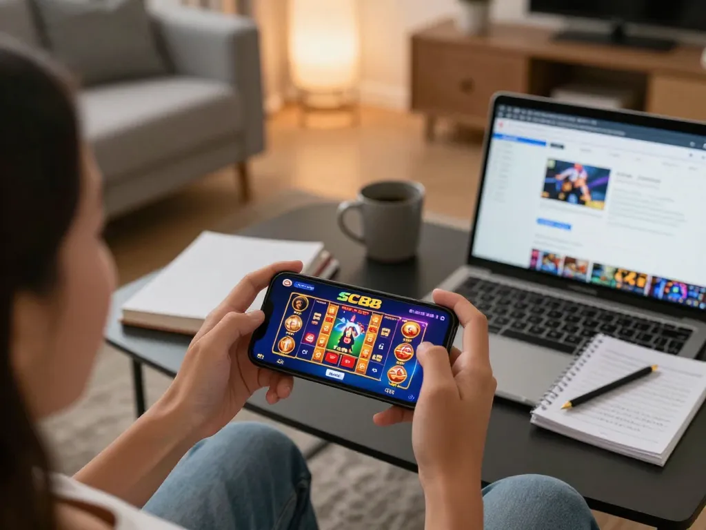 Engaging with the SC88 app on smartphone showing vibrant casino games in a cozy setting