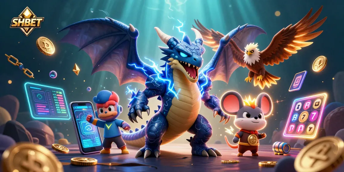 Experience thrilling gameplay with SHBET's dynamic dragon, hawk, and crypto elements in a vibrant illustration.