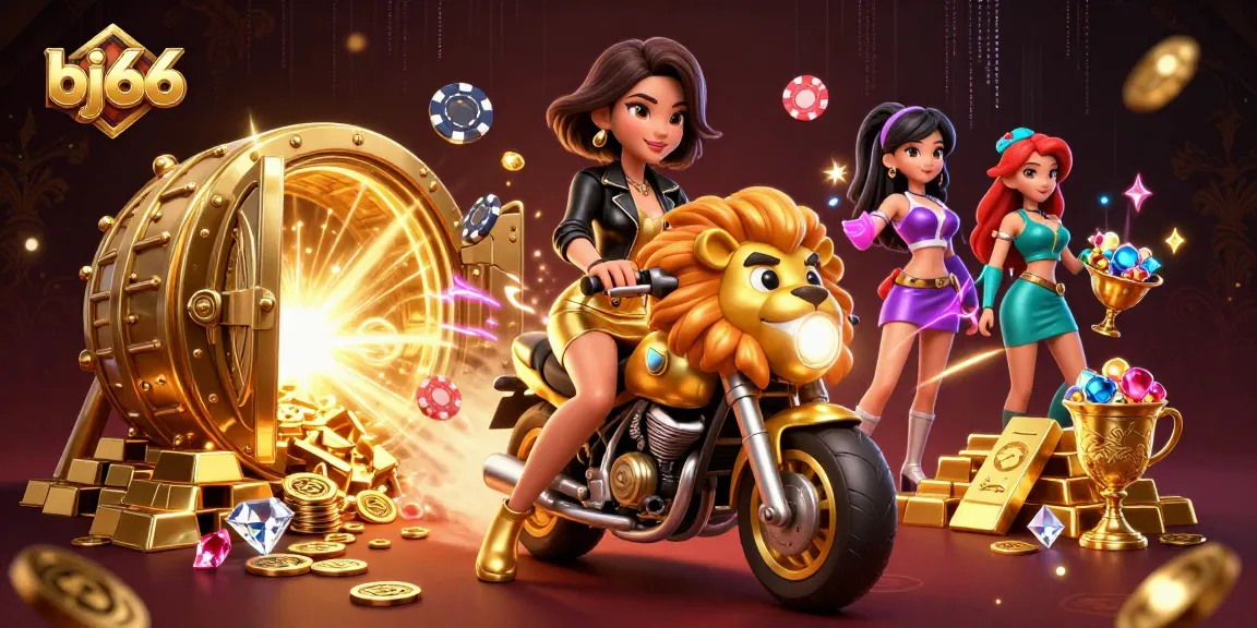 Experience the thrill of bj66 with a glamorous woman on a golden lion, surrounded by treasures at a vibrant casino.
