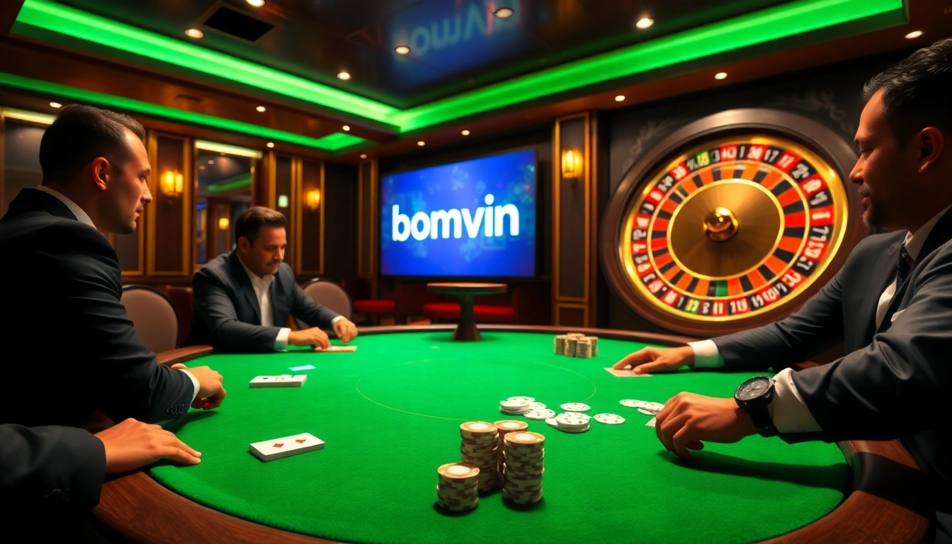 Players enjoying a thrilling poker game at a luxurious Bomwin casino table.