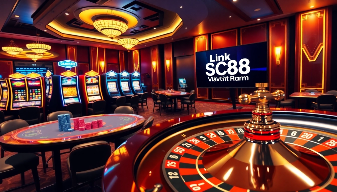 Experience the thrill of gambling at Link SC88 Việt Nam with vibrant casino visuals showcasing poker and betting.