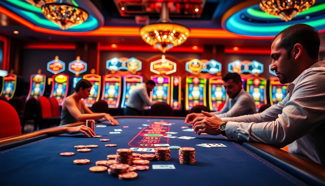 Experience thrilling gameplay with situs11 slot at a luxury casino table, featuring engaging players and vibrant machines.