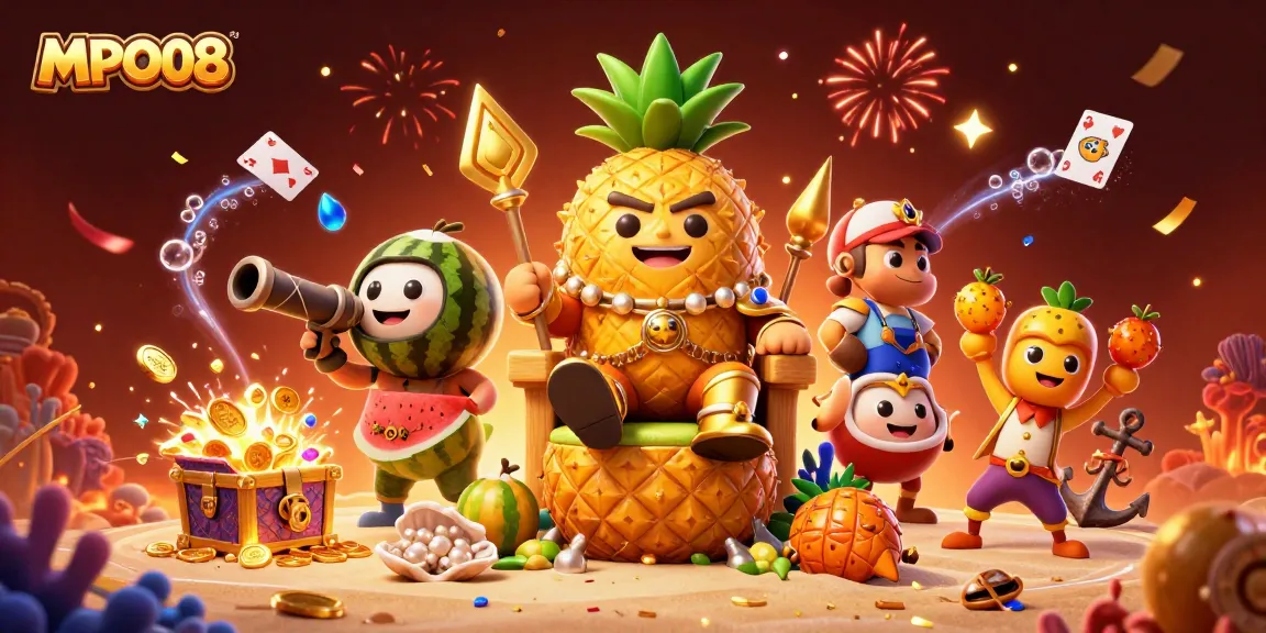 Engage with MPO08 at a vibrant casino scene featuring a golden pineapple king and dynamic colorful elements.