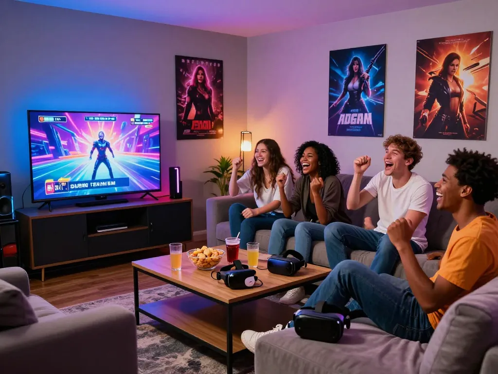 Group enjoying vibrant sex games in a colorful gaming lounge, showcasing interactive fun.