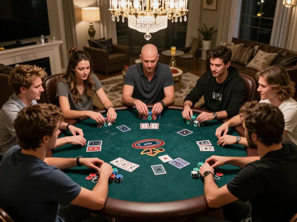 Join the excitement of a home poker night with friends as they strategize and compete with FIVE88 poker chips and cards.
