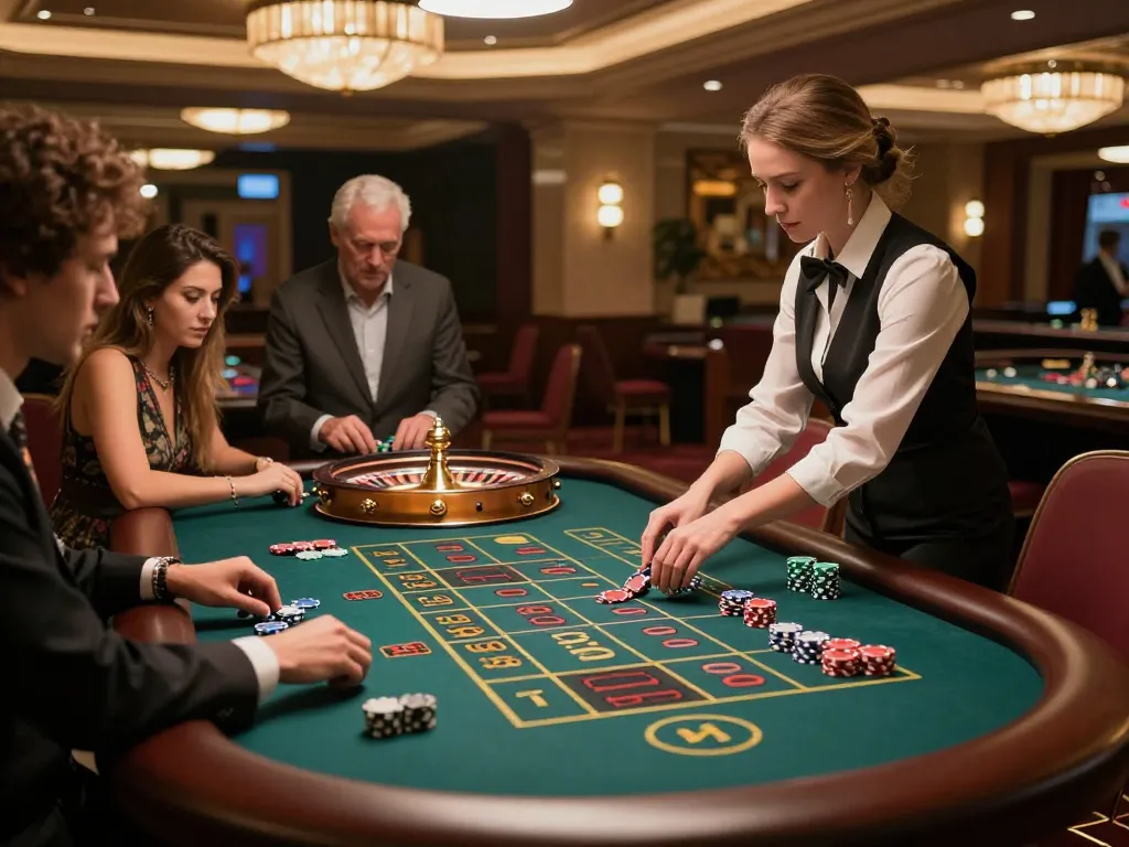 Players engage with the spinning roulette wheel at a luxurious casino, showcasing DA88 excitement and strategic betting.
