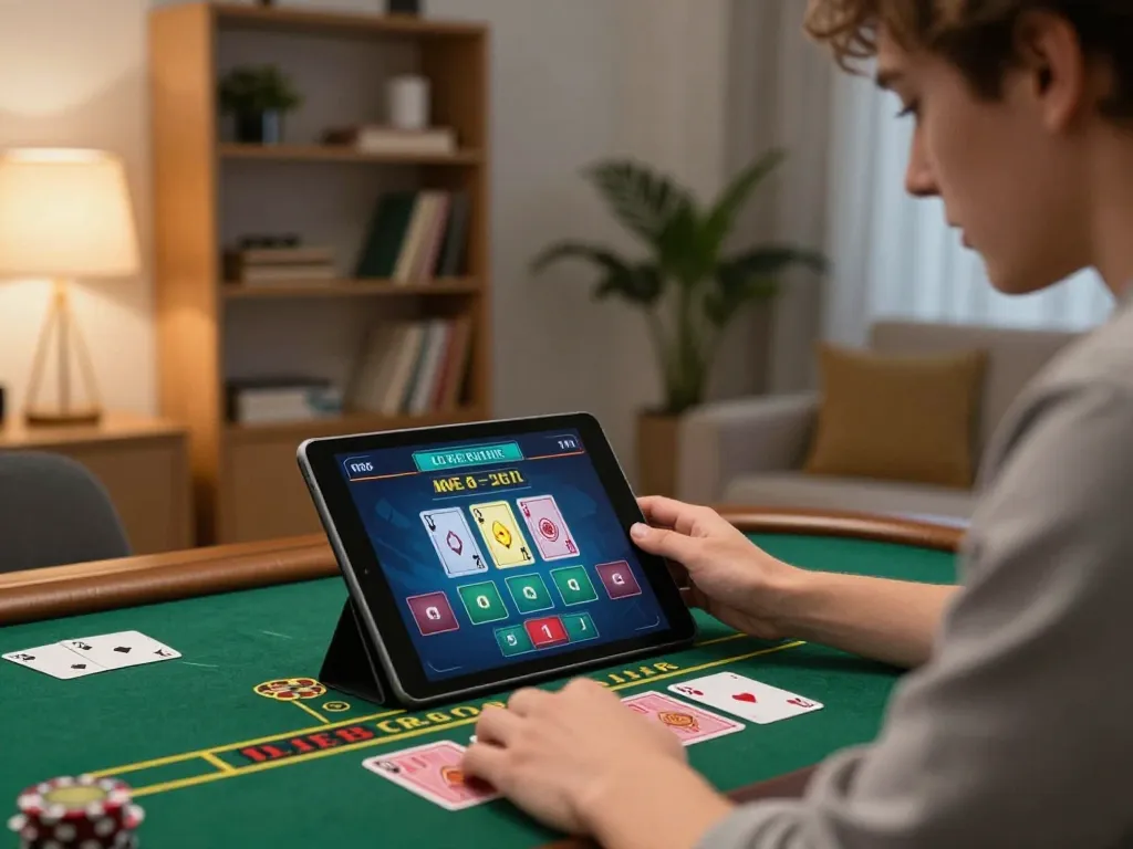 Xocdiaclub player engaging in online blackjack with immersive gaming interface in cozy setting.