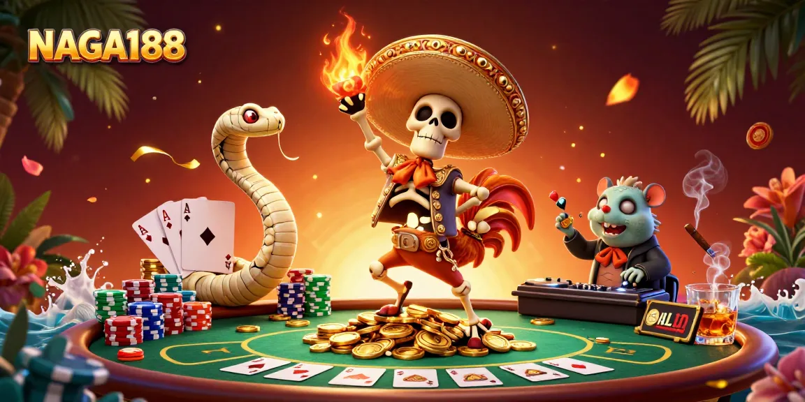 NAGA188 menampilkan tournamen poker dengan karakter berwarna-warni dan koin emas terbang dalam suasana kasino yang meriah.