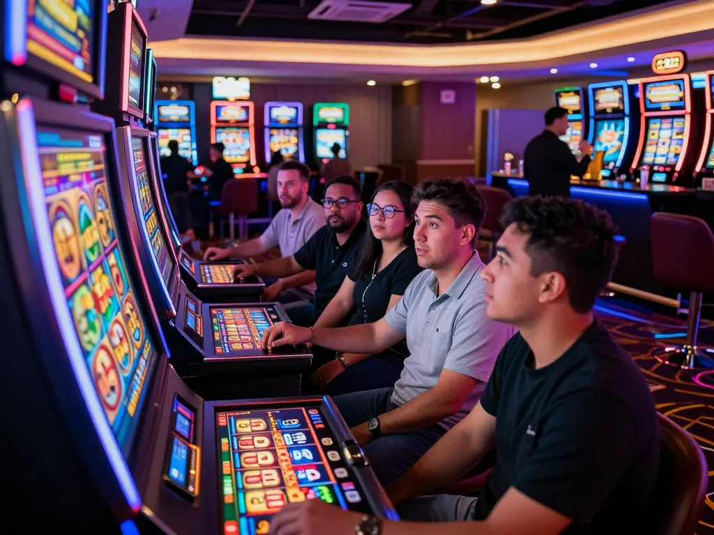 A group of players engaging eagerly at a vibrant slot machine, showcasing the excitement of Agen Slot gaming.