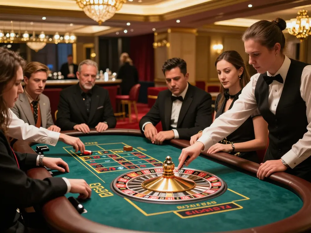 Players engaged in thrilling roulette action at VU88 live casino table, dynamic scene with an elegant atmosphere.