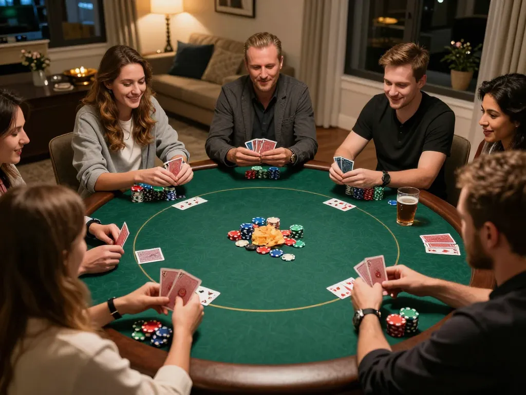 ku88 players enjoying a friendly poker night with friends, vibrant game atmosphere