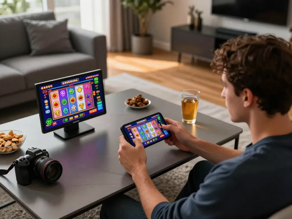 Pemain terlibat dalam pengalaman perjudian mobile yang dinamis dengan aplikasi kasino slovakia-vhs di smartphone.