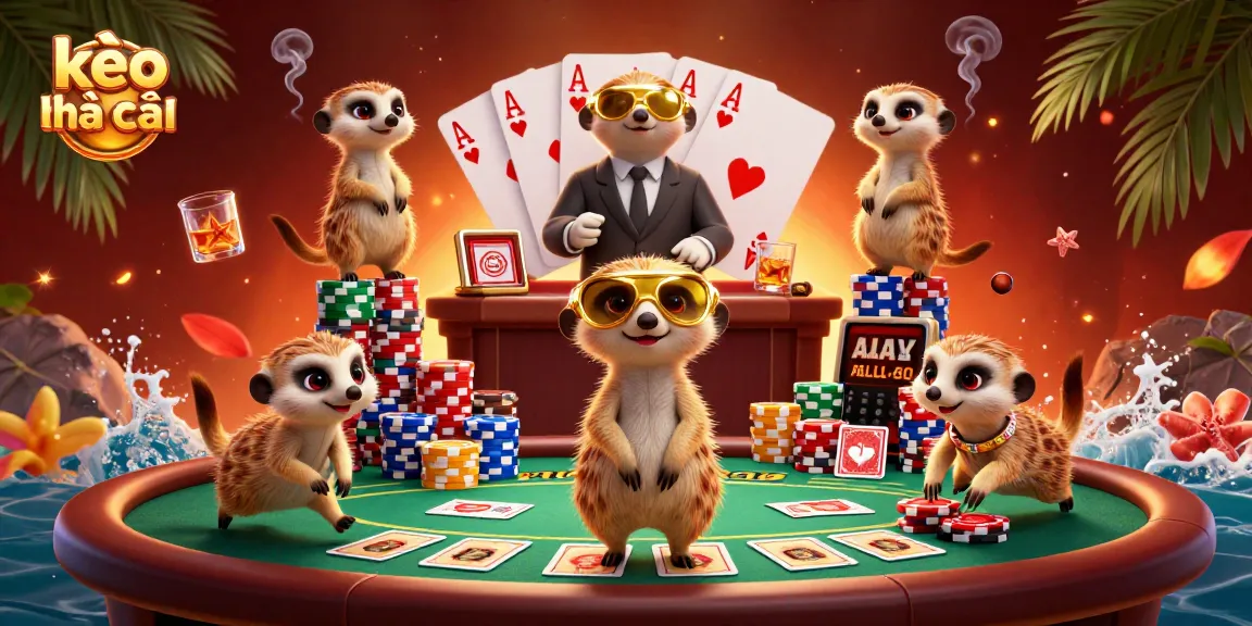 Engage in thrilling action at kèo nhà cái with meerkats managing a bustling casino scene, showcasing vibrant chips and cards.