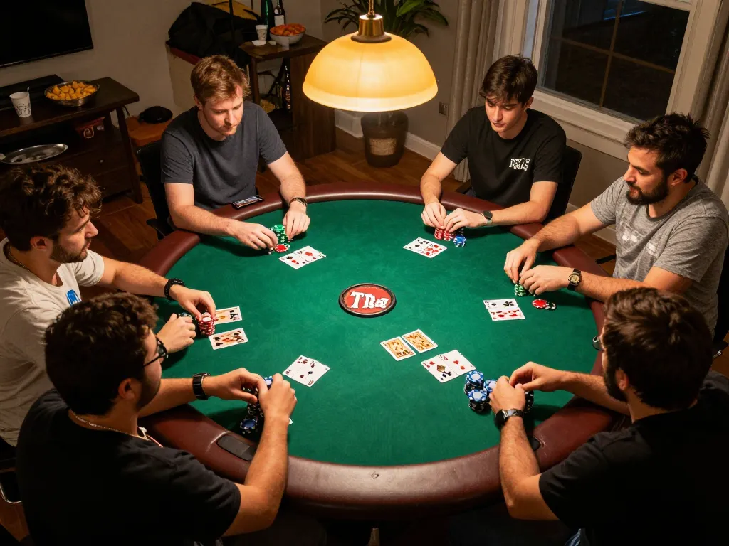Players enjoying an exciting game of poker during a home night, showcasing gg88 strategy.