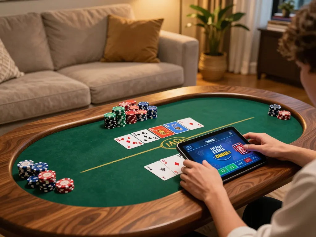 Engaging in the iwin club poker game on a tablet in a stylish home setting with strategy books.