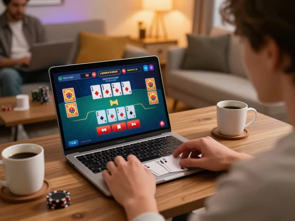 cm88 player engaged in online casino blackjack game at home with strategic focus