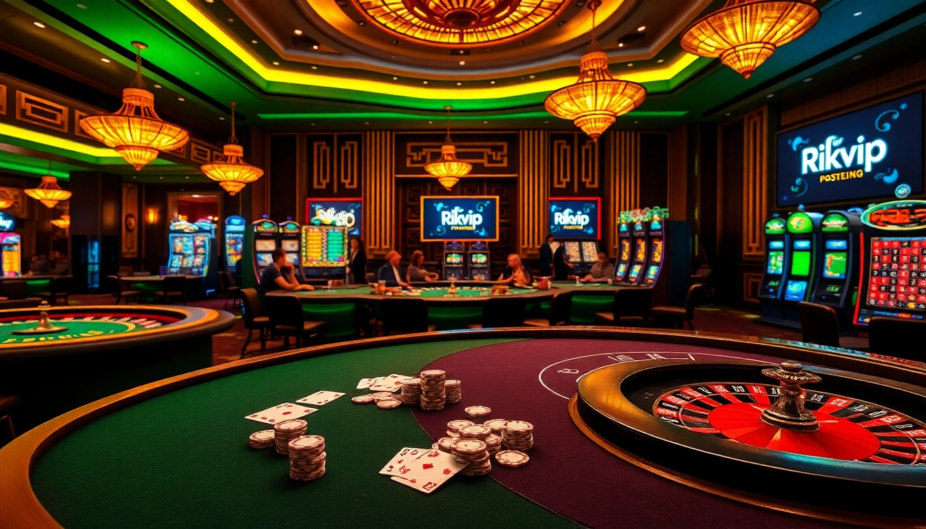 Engaging gamblers at Rikvip casino with vibrant tables, cards, and roulette wheels.