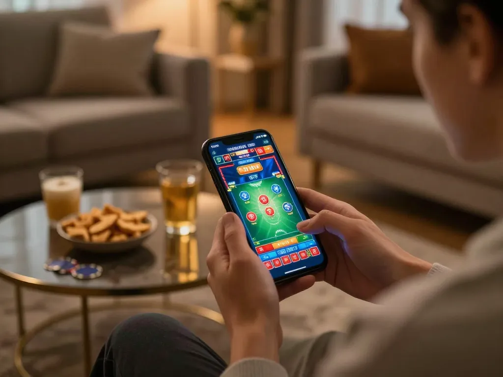 Experience thrilling online gambling at Jun88 with a vibrant mobile casino setup in a cozy home