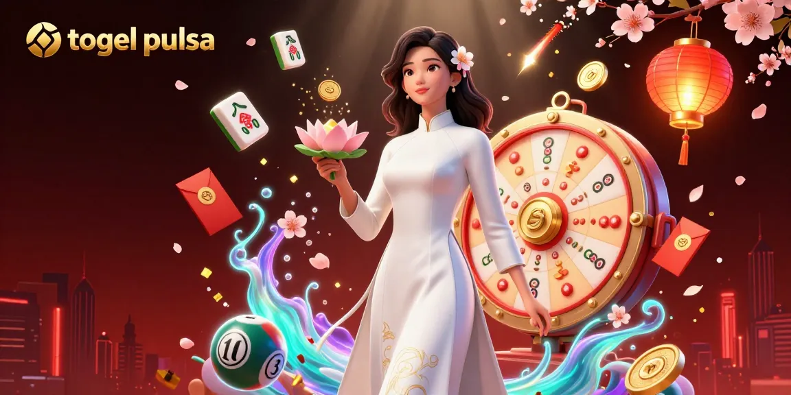Engage in togel pulsa betting with a stunning illustration showcasing a traditional Vietnamese woman and dynamic lottery elements.