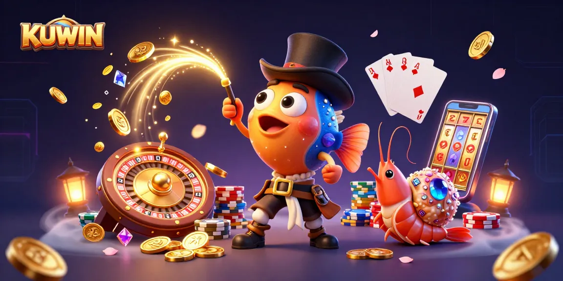 Engage with KUWIN's captivating gaming universe featuring glowing coins and exciting casino elements.