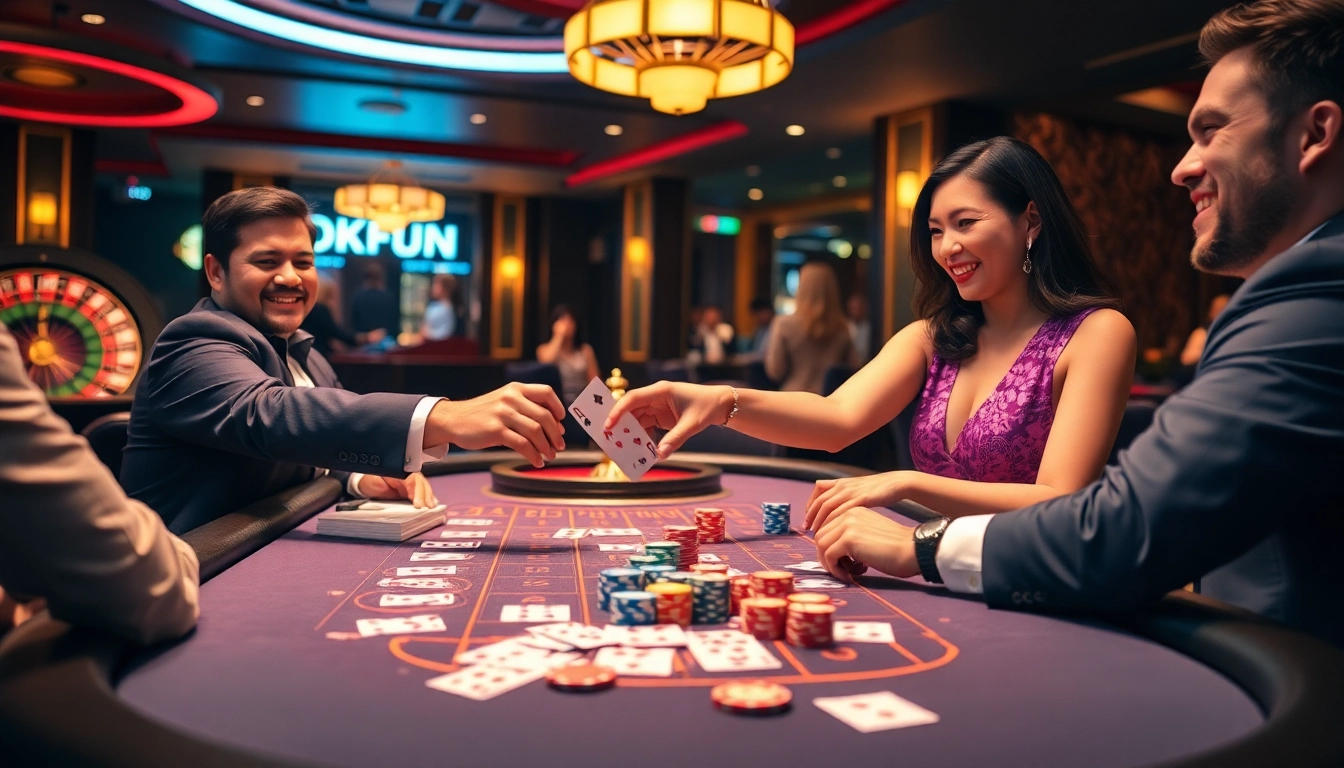 Players enjoying a thrilling game of poker at the OKFUN casino table, with colorful chips and cards.