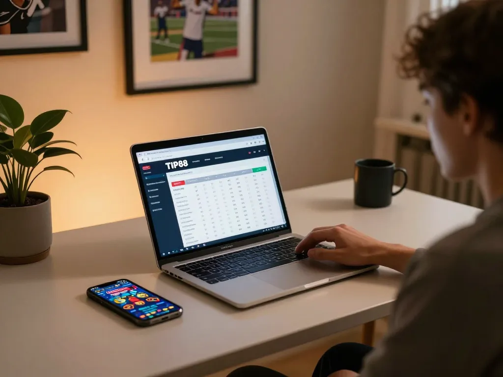 Engaging in online betting on TIP88 with a stylish home setup and live casino game on screen